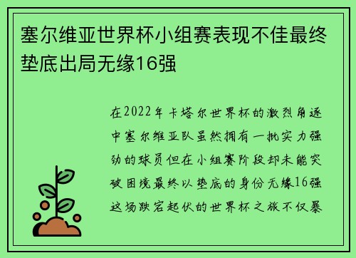 塞尔维亚世界杯小组赛表现不佳最终垫底出局无缘16强